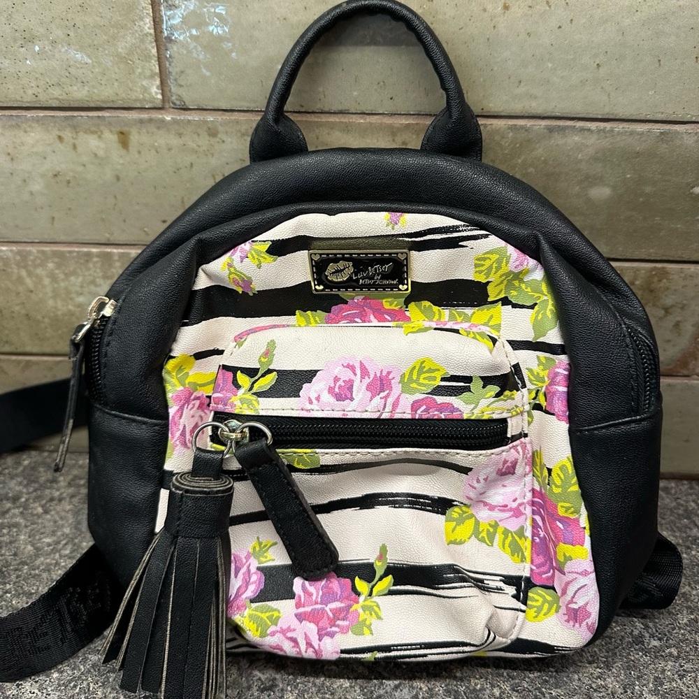 Betsy Johnson Mini Backpack Black and Pink Floral Bag Purse